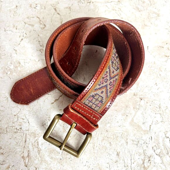 Tapestry Brown Leather Belt Womens Size L Geometric Aztec Indian Brass Buckle - Picture 2 of 8